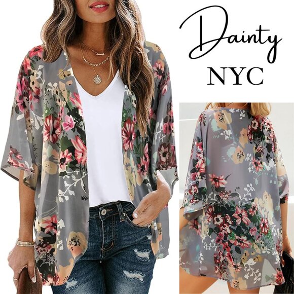 Chiffon Kimono Cardigan – Floral Open Front Cover-Up for Beach or Casual Wear - Picture 1 of 6